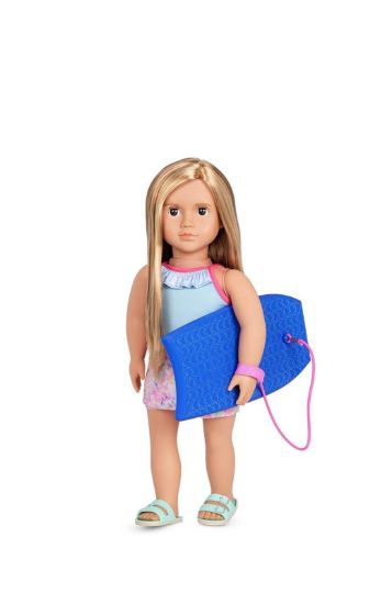 صورة دمية إيفانا من أور جينيريشن - دمية شاطئ مقاس 18 بوصة مع لوح تزلج على الماء - تتضمن مجموعة ملابس شاطئ مكونة من 3 قطع 